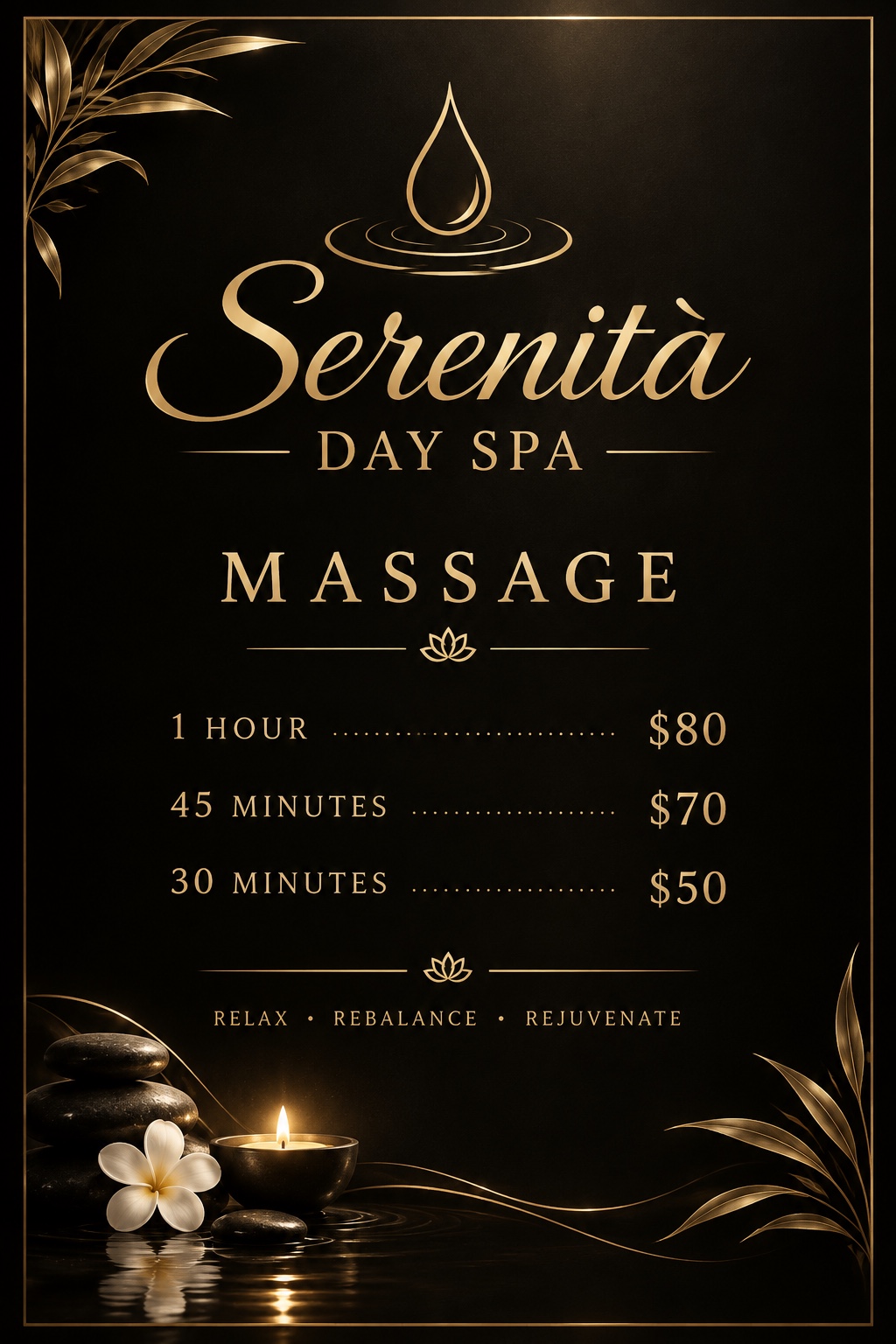 Serenità Day Spa massage price menu